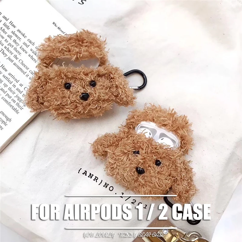 

Akcoo Teddy Bear flush Case for Airpods 1 2 Bluetooth Earphone Charge Case with hook for TWS i9s 10 12 18 19 bag case cover
