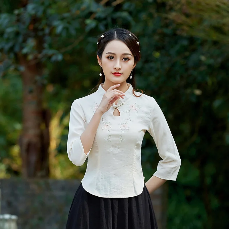 SHENG COCO Water Drop Collar China Blouse Pink Chinese Shirt Elegant Ladies Cotton Micro Stretch Embroidered Vintage Hanfu Tops