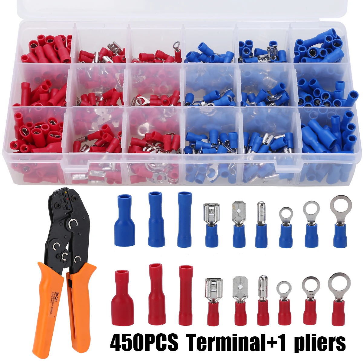 450pcs Cable Lugs Flat Plug Crimp Terminal Spade Ring Insulated Electrical Wire Connector with Crimping Plier Tool Mixed Box Kit