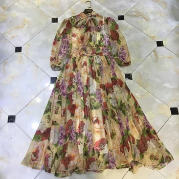 

Summer Designer Holiday Dress Women's Puff Sleeves Colorful Floral Printed Casual Mid Calf Length