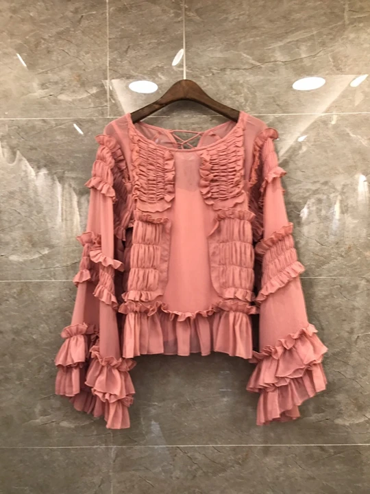 

2019 Early Autumn New Woman Lining Suspension Belt with Ear Edge Stitching Long Sleeve Baituan Top 723