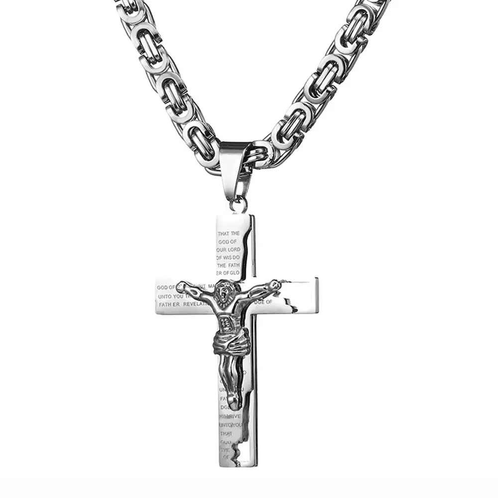 Granny Chic Silver Color Stainless Steel Jesus Crucifix Cross Pendant Necklaces with Byzantine Box Chain 6mm Wide 20-40inch