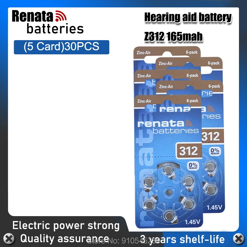 30pcs/5pack 100% RENATA 1.45v 165mAh Zinc air batteries PR41 A312 For Hearing aid Batteries button coin cell | Электроника