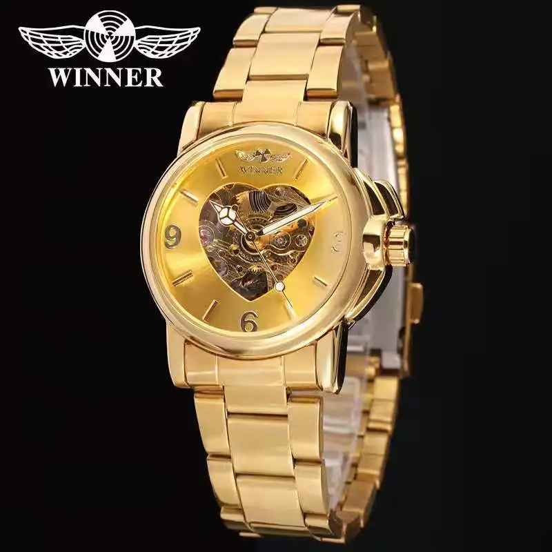

Winner Women's Fashion, Leisure, Heart-shaped Small Watch Plate Gold Hollow Automatic Mechanical Watch Relogio Feminino