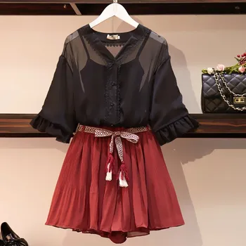 

2019 Summer Women Fashion Black Vest And Sheer Tops And Pleated Shorts 3 Piece Set Sweet Chiffon Plus Size Suits