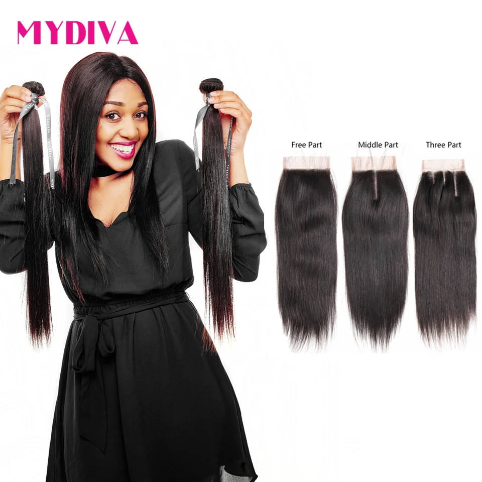 

Mydiva Brazilian Hair Weave Bundles With Closure Human Hair Bundles With Closure Straight Non Remy Hair Extension 4PCS Lot
