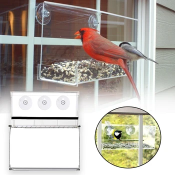 

Hummingbird Drain Holes Acrylic Seeds Tray With Suction Cup Waterproof Large Hanging Birdhouse Transparent Window Bird Feeder