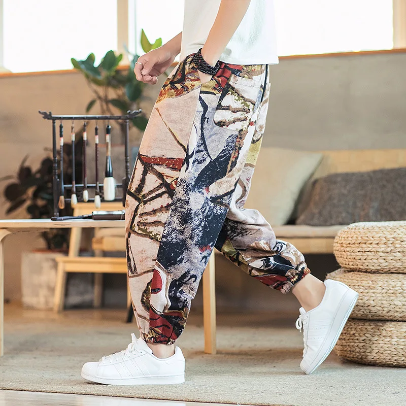 Summer Printed Thin Line Pants Men Breathable Cotton Casual Plus Size Crotch Harem Kidoriman Loose Trousers Pantalon Travail Summer Printed Thin Line Pants Men Breathable Cotton Casual Plus Size Crotch Harem Kidoriman Loose Trousers Pantalon Travail
