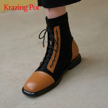 

Krazing pot 2020 genuine leather cross-tied handsome daily wear round toe low square heels shoes women keep warm ankle boots L96