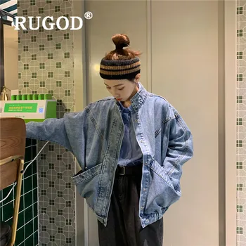 

RUGOD Jackets Women Stand Collar Long Sleeve Vintage Denim Jackets Plus Size Large Pockets Loose Outwears 2019 Autumn And Winter Veste Jean Femme