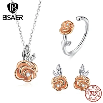 

Rose Color Rose Flower BISAER 925 Sterling Silver Rose Color Rose Flower Rings & Necklaces & Earrings Jewelry Sets for Women