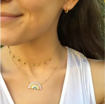 

925 sterling silver rainbow necklace gold color paved colorful cubic zirconia luxury fashion summer bright trendy jewelry