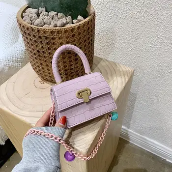 

Female Mini Handbag Purse Stone Pattern PU Leather Elegant Candy Color Bell Chain Shoulder Crossbody Bag