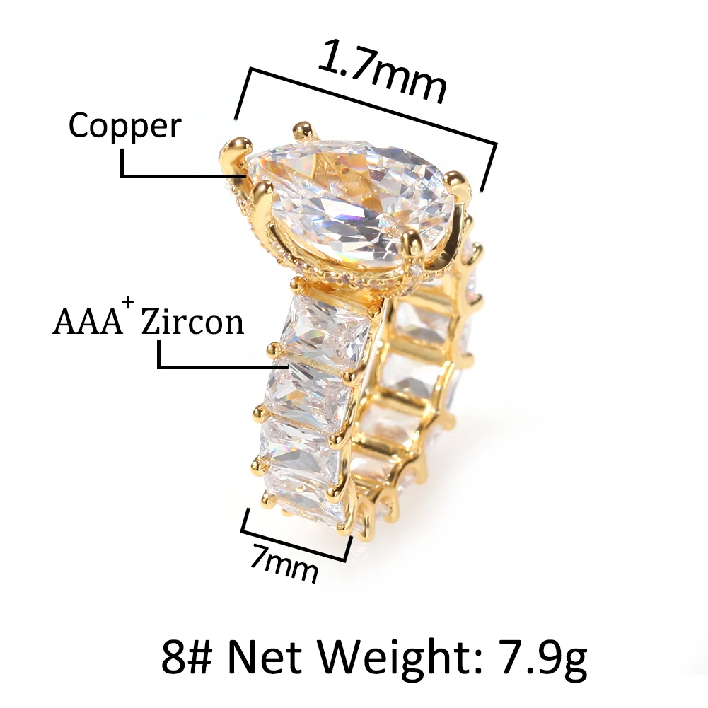 THE BLING KING Water Drip Top Large Iced Out Baguettecz Ring 7mm Square CZ 1 Row Fashion Gift  Hiphop Jewelry