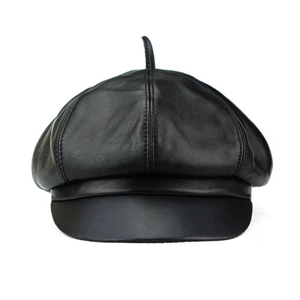 LA SPEZIA Leopard Newsboy Cap Winter Hats for Women Genuine Leather Painter Hat Real 100% Sheepskin Autumn Winter Ladies Beret