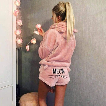 

Cute Cat Meow Pattern Hoodies and Shorts Two Piece Set Women Coral Velvet Suit 2020 Autumn Winter Warm Sweatsuit female Outfits