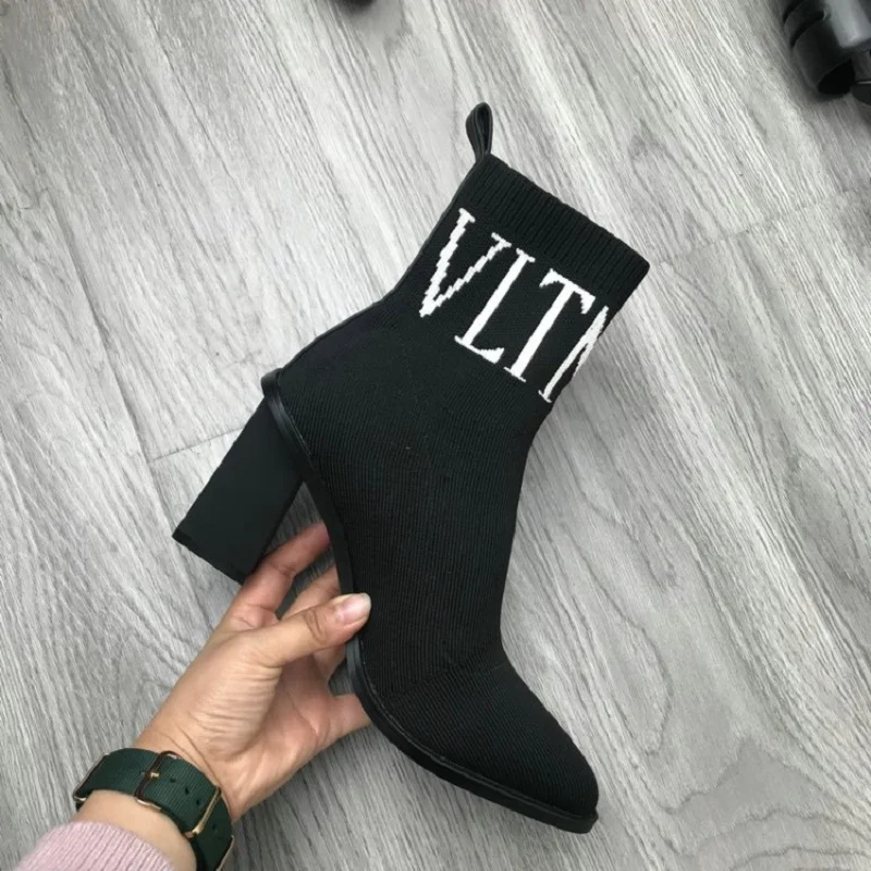 

Sexy Woman Boots Sock Boots Black Pointed toe High Heels Ankle Boots Slip On Stretch Spring Autumn Knitting Boots Shoes