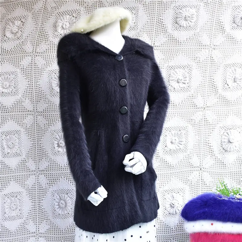 Женская зимняя теплая Длинная черная куртка с длинным рукавом, тонкое пальто из ангоры с кроличьим мехом, большой классический воротник, платье, свитер, кашемировый кардиган - Цвет: Body78cm Chest90cm