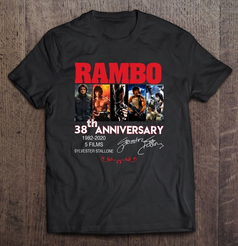 

Men Funny T Shirt Fashion tshirt Rambo 38th Anniversary 1982-2020 5 Films Sylvester Stallone Women t-shirt