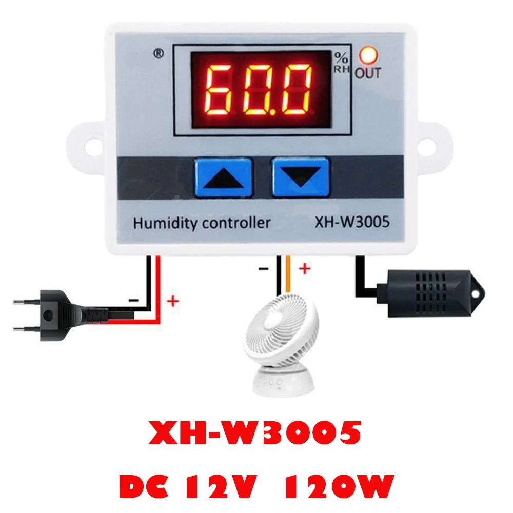 DC 12V 120W XH-W3005 цифровой регулятор влажности 220 в 12 В 24 В гигрометр переключатель контроля влажности 0~ 99% RH гигростат с датчиком влажности 1500 Вт - Color: DC 12V 120W