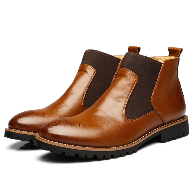 Мужские кожаные ботильоны; большие размеры 38-46; деловая повседневная обувь «Челси»; мужские зимние плюшевые теплые ботинки; botas hombre - Цвет: Brown without fur