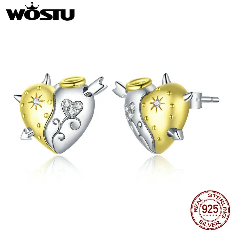 WOSTU Настоящее 925 стерлингового серебра Ангел и демон серьги гвоздики пружинный зажим фиксирующий штифт для