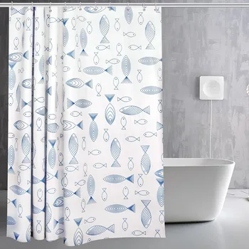 

White Line Fish Printing Waterproof Mildew Shower Curtain Toilet Partition Curtain Bathroom Bath Curtain with Hooks Home Decor