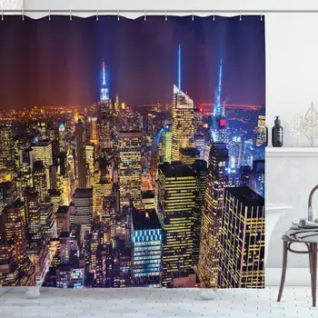 

New York Shower Curtain, Aerial Cityscape Landmark Fourth of July Independence Penthouse Modern Image, Cloth Fabric Bathroom