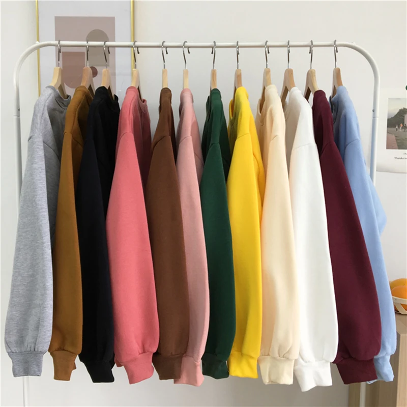  Basic Fleece Kpop Sweatshirt Women Casual Loose Solid Color Women's Hoodies Winter New Warm Harajuk