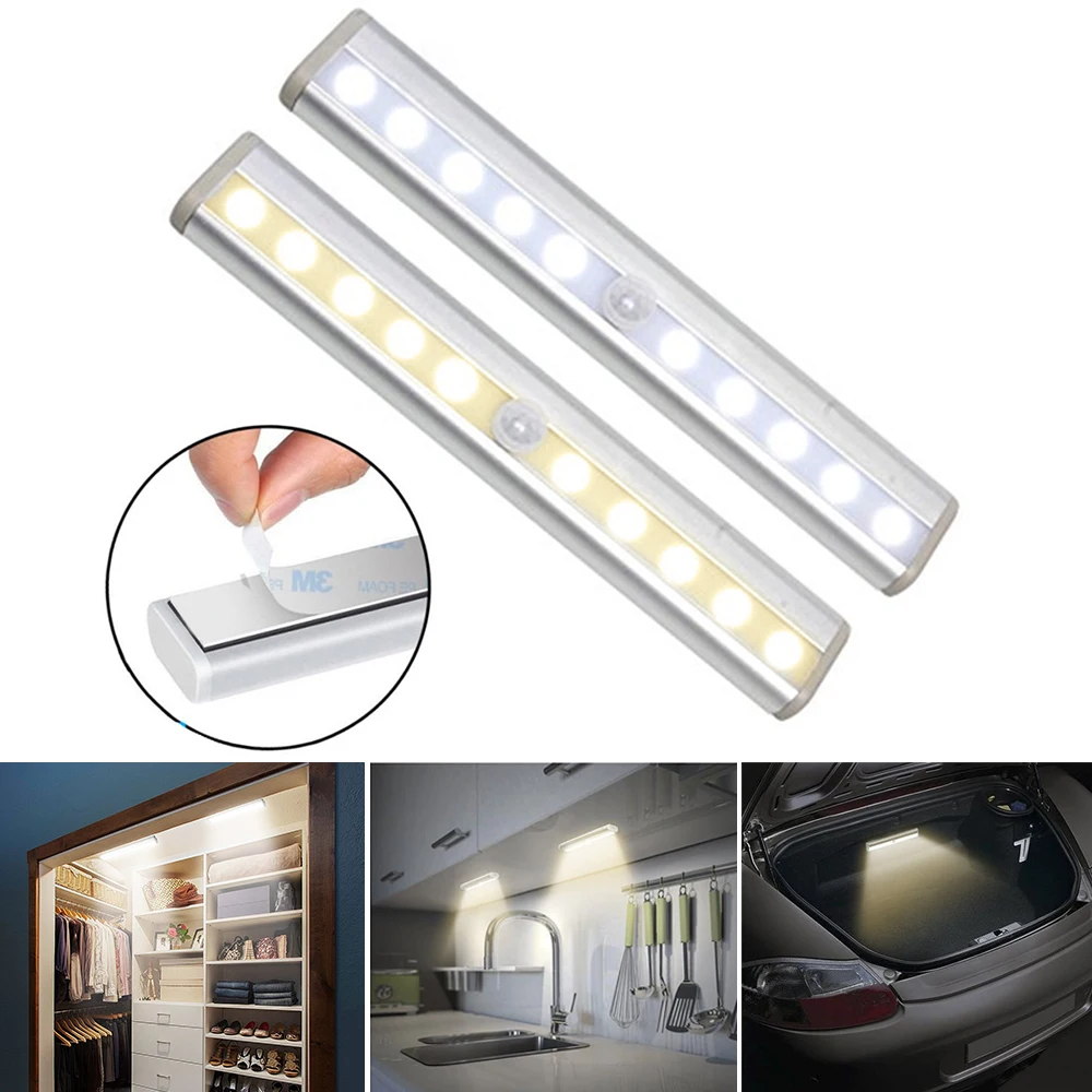 

LED Light PIR Motion Sensor LED Cabinet Light 10LEDs Portable Wall Lamp Rigid Strip Bar Lights For Cupboard Kitchen Wardrobe d30