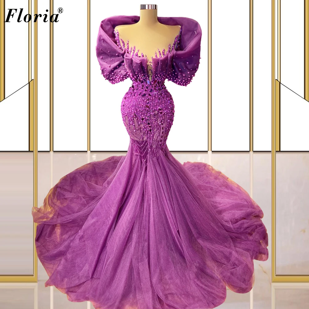 Tanie Nowe mody fioletowe sukienki gwiazd dla kobiet długie perły syrenka