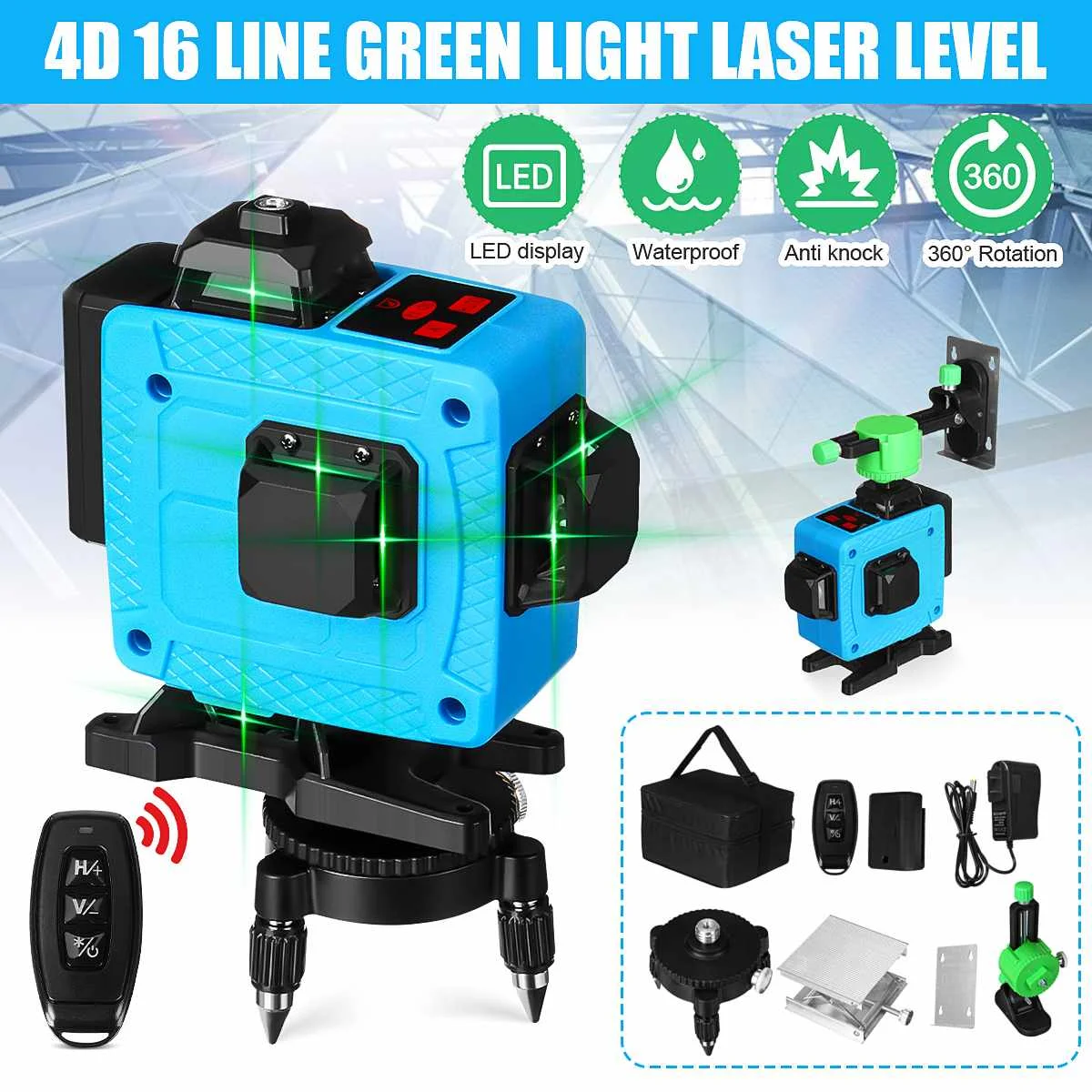 16 Lines 4D Laser Level Green Self-Leveling 360 Horizontal And Vertical Cross High Precision Outdoor Powerful Beam | Инструменты