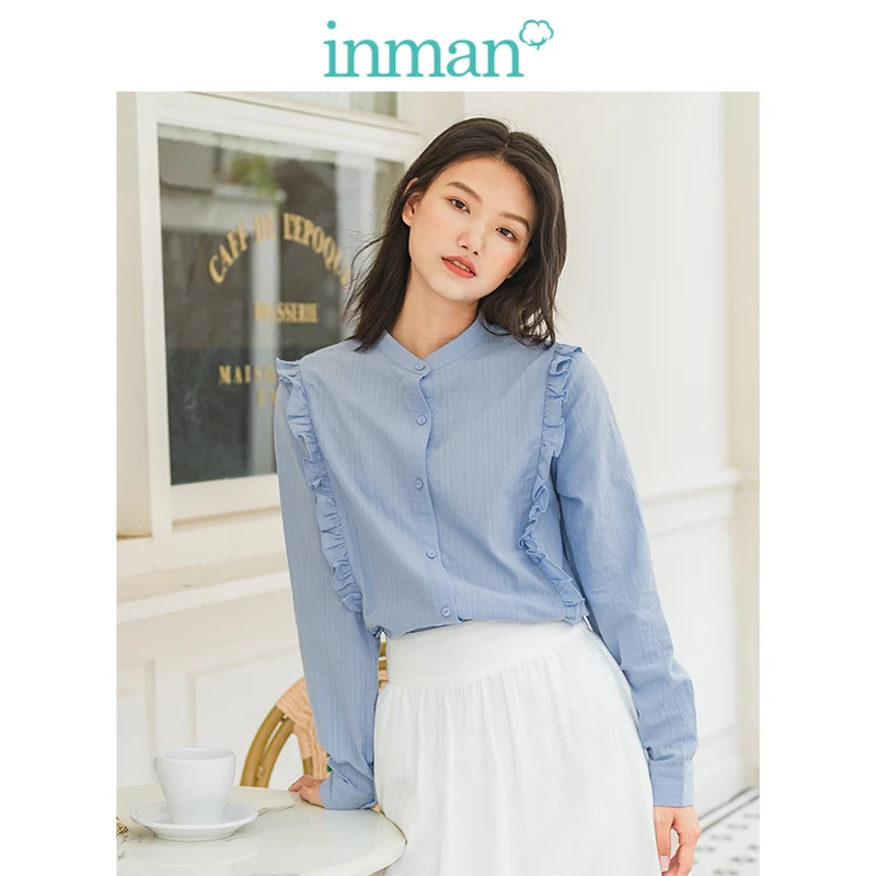 

INMAN 2019 Autumn Winter New Arrival Stand up Collar Agaric Lace Solid Literary All Matched 100%Cotton Women Blouse
