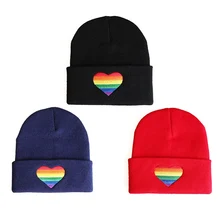 Модные вязаные шапки с вышивкой в виде радужного сердца, шапочки, головные уборы для мужчин и женщин, зимняя теплая черная вязаная шапка Skullies, рождественский подарок