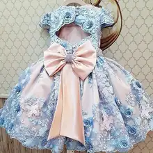 Красивые кружевные платья с короткими рукавами и бантом для маленьких девочек на день рождения, торжественные платья для выпускного, пышное платье для маленьких девочек