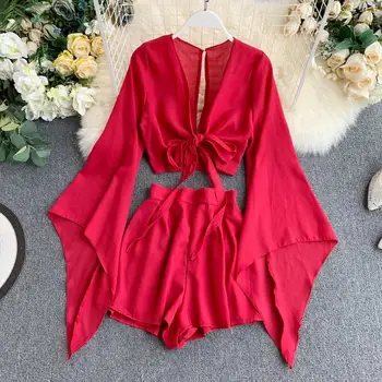 

FTLZZ Holidays Chiffon Two Pieces Set Women Loose Short Sunscreen Jacket + Wide Leg Short Pants Clothing Female Casual Suit