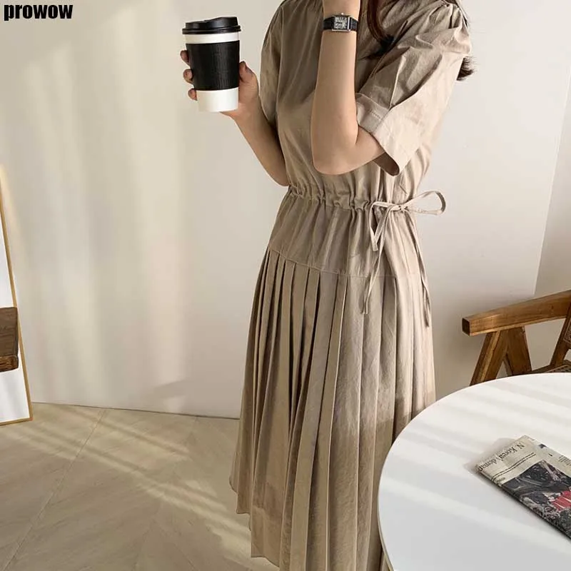 Office Lady Work Dress Korea Design Drawstring Slim Chic Pleated Long Dress Vintage Women Holiday Casual Summer Dress 2020