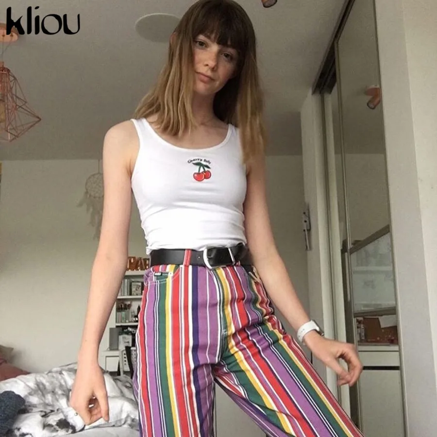 

Kliou 2019 New Cotton Crop top womens tops tank top haut femme Letter Embroidery top sexy Backless Sleeveless Short Camis