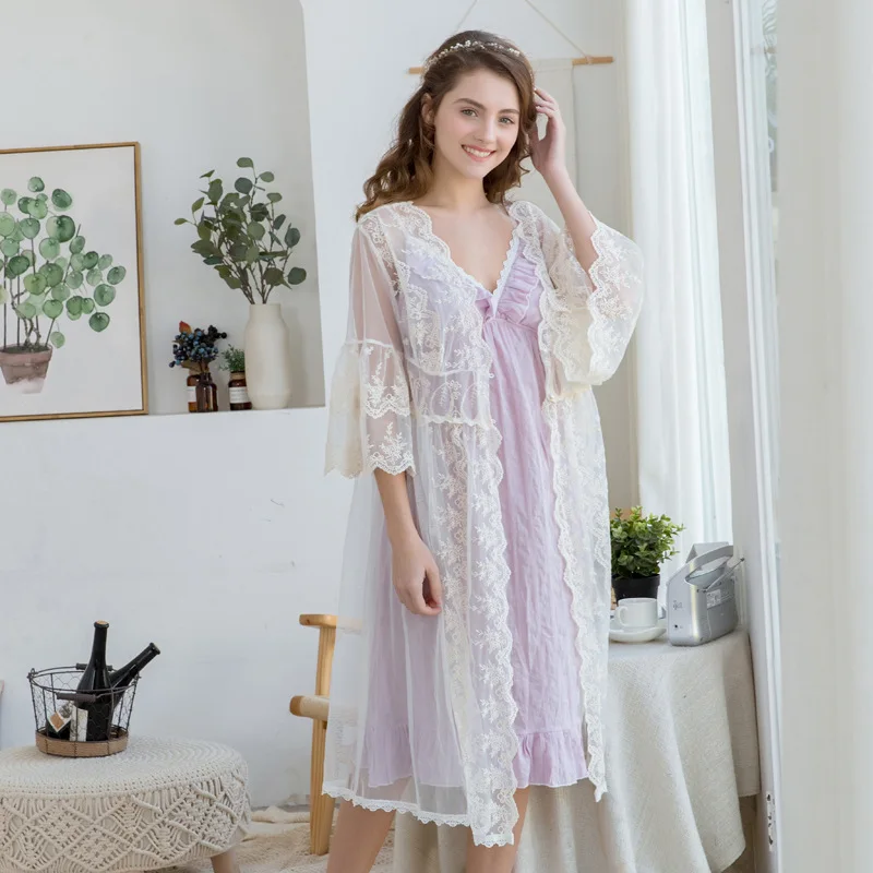 Пикантные женские банные халаты из 2 предметов, кружевная ночная рубашка принцессы для невесты, сексуальная ночная рубашка, винтажный белый фиолетовый женский свадебный пеньюар, ночнушка - Цвет: As picture color