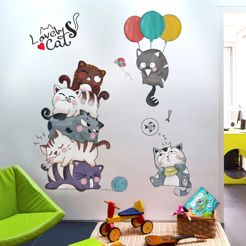 [SHIJUEHEZI] милые кошки наклейки на стену ПВХ материал мультфильм Животные стены искусства для детской комнаты детская спальня двери украшения