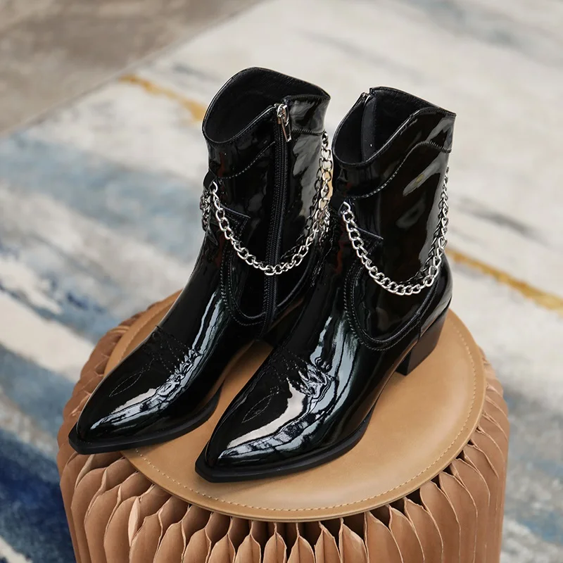 Весна-осень шикарные женские полуботинки из лакированной кожи с металлической