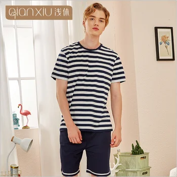 

2020 Summer Two-Piece Men Casual Striped Pajama sets Cotton Sleepwear suit Men's O-neck collar short sleeve t shirt & Half Pants