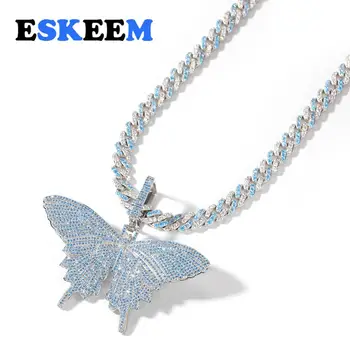 

Sea Blue AAA CZ Bling Iced Out Hiphop Jewelry Shiny Butterfly Pendant Cuban Link Chain Necklace for Women