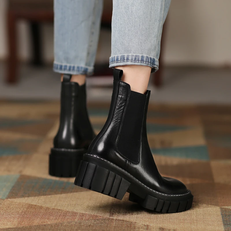 Hot Genuine Women Boots Office Lady Slip-On Chelsea Boots Ankle Boots Round Toe Thick Heel Women Shoes Platform