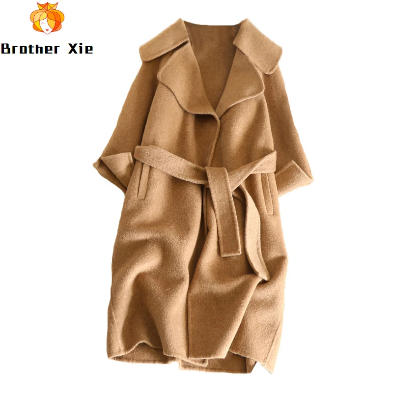 

2020 Spring Cashmere Coat Long Women's Woolen Coat Solid Winter Warm V-neck Khaki Female Overcoat Plus Size Womens Wool Coats