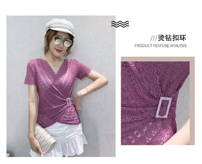 5XL Women lace tops New Arrivals 2020 Summer short sleeve v-neck women blouse shirt Sexy Hollow out lace tops plus size blusas