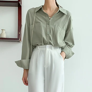 

YAMDI women shirt blouse female spring autumn long sleeve solid office lady cardigan tops singl-breasted turn-down collar blusas