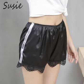 

Women Scalloped Lace Trim Shorts Imitation Silk Letters Striped Loose Slip Bloomer Pants Solid Color Side Slit Pettipants