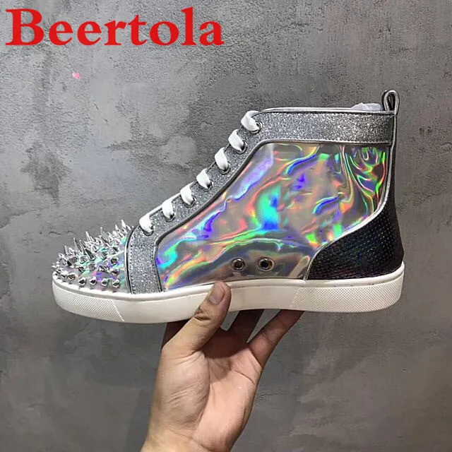 

New Men's Flats Shoes Laser Reflective Crystals Spikes High Top Casual Men's Shoes Shiny Lace Up Round Street Silver Shoes Male