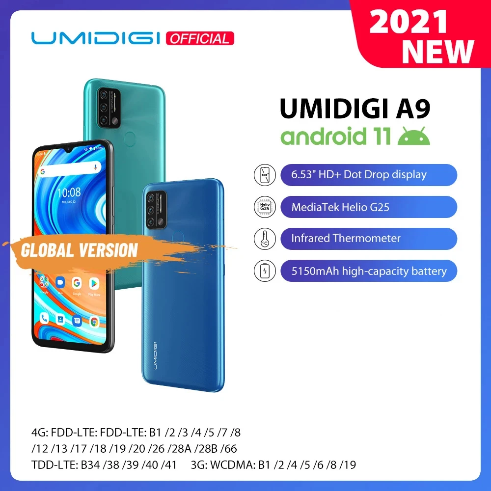 UMIDIGI – téléphone portable A9, Android 11, Version globale, Triple caméra AI 13mp, Helio G25 Octa Core, 6.53 pouces HD +, 5150mAh, en Stock
